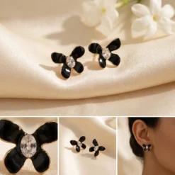 Black Enamel Flower Stud Earrings – CZ Center Gold Trim Butterfly Studs