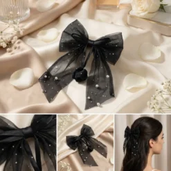 Black Organza Pearl Bow Hair Clip – Sheer Mesh Rose Bow Barrette