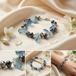 Aqua Blue Glass Bead & Iridescent Crystal Beaded Bracelet – Silver Chain Statement Bracelet