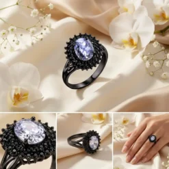 Black Gold Oval White CZ Halo Ring – Vintage Style Black Diamond Cluster Ring