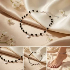 Silver Black Bead Anklet – Boho Beaded Chain Anklet with Heart Charm