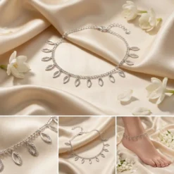 Silver Leaf Charm Anklet – CZ Marquise Dangle Chain Anklet