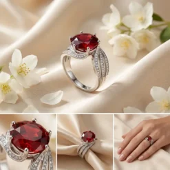 Red Ruby CZ Solitaire Ring – Silver Wave Design Engagement Ring with Pave Accents