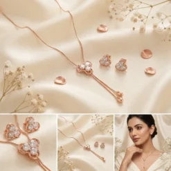 Rose Gold Clover CZ Necklace & Earrings Set – Trefoil Crystal Pendant Jewellery Set