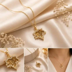 Gold Star Leaf CZ Pendant Necklace – Textured Star Charm Necklace