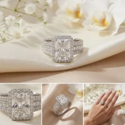Emerald Cut CZ Halo Engagement Ring – Silver Pave Diamond Statement Ring