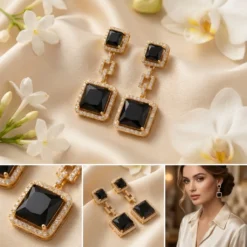 Gold Black Onyx Square Drop Earrings – Halo Crystal Statement Dangle Earrings