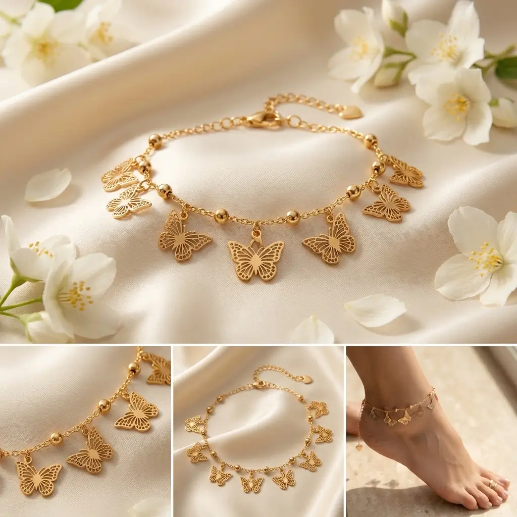 Gold Butterfly Charm Anklet – Multi Butterfly Dangle Chain Anklet