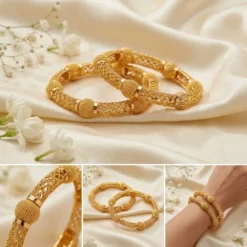 Gold Filigree Beaded Bangles – Set of 2 Textured Gold Plated Bracelets