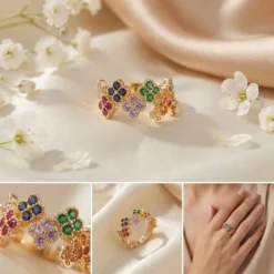 Gold Multicolor CZ Flower Cluster Ring – Rainbow Crystal Floral Statement Ring