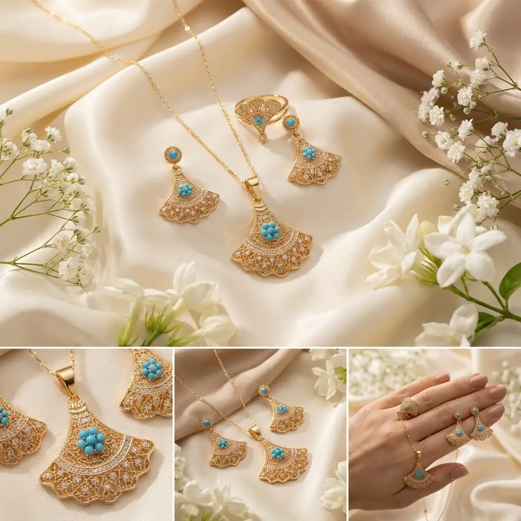 Gold Turquoise Filigree Fan Jewellery Set – Bohemian Necklace, Earrings & Ring Set (3 Piece)