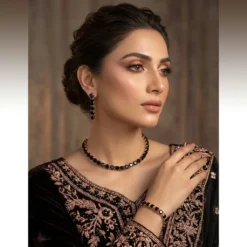 Gold Black Crystal Tennis Jewellery Set – Necklace, Bracelet & Earrings (3 Piece Set)