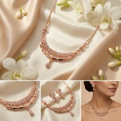Rose Gold CZ Mangalsutra Pendant Set – Crescent Necklace & Earrings Set