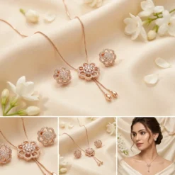 Rose Gold Floral CZ Necklace & Earrings Set – Flower Pendant Tassel Drop Jewellery Set