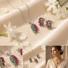 Silver Pink & Green CZ Leaf Pendant Necklace & Earrings Set – Marquise Crystal Jewellery Set