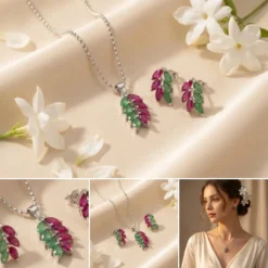 Silver Pink & Green CZ Leaf Pendant Necklace & Earrings Set – Marquise Crystal Jewellery Set