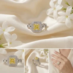 Yellow CZ Square Halo Ring – Silver Twist Shank Cocktail Ring